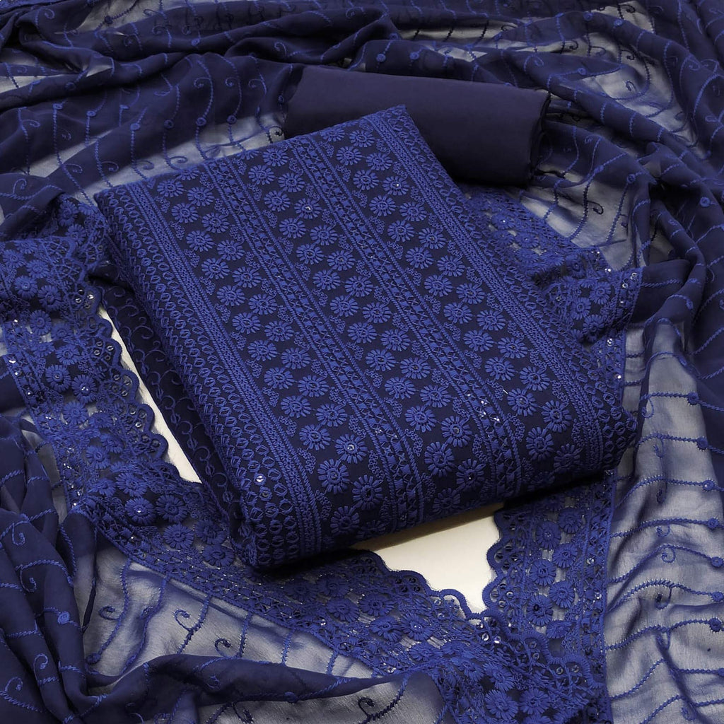 Navy Blue Floral Sequins Embroidered Georgette Dress Material