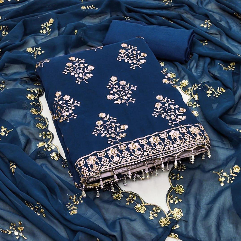 Blue Floral Sequins Embroidered Georgette Dress Material