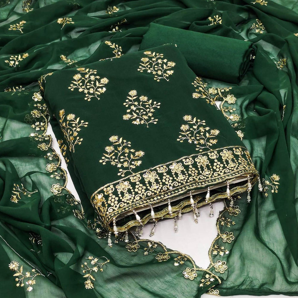 Green Floral Sequins Embroidered Georgette Dress Material