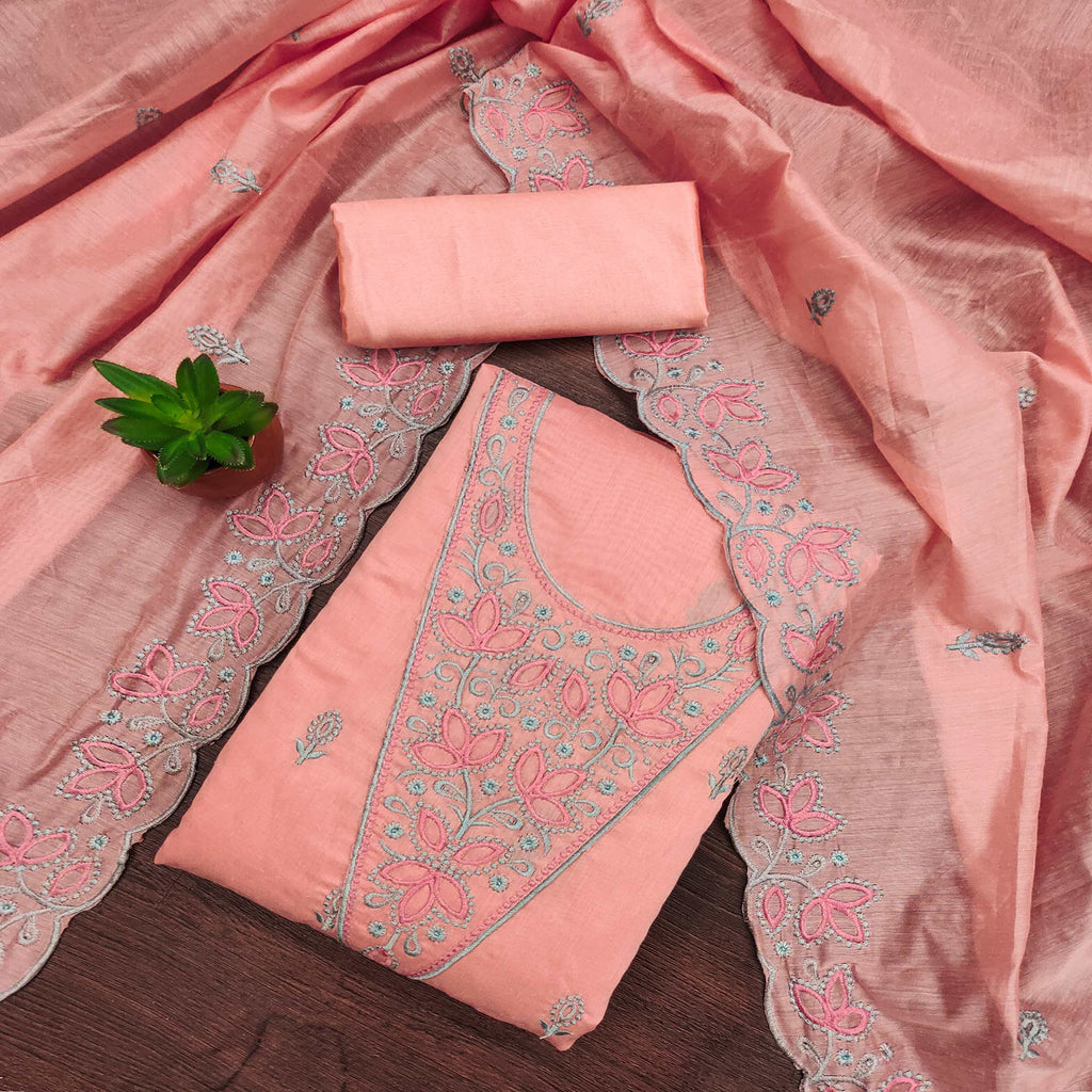 Dark Peach Floral Embroidered Chanderi Dress Material