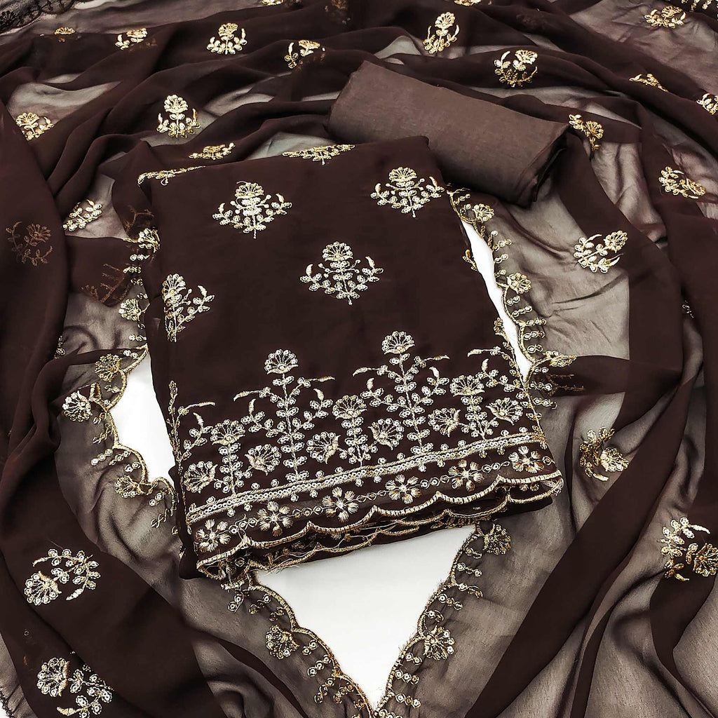 Brown Floral Sequins Embroidered Georgette Dress Material