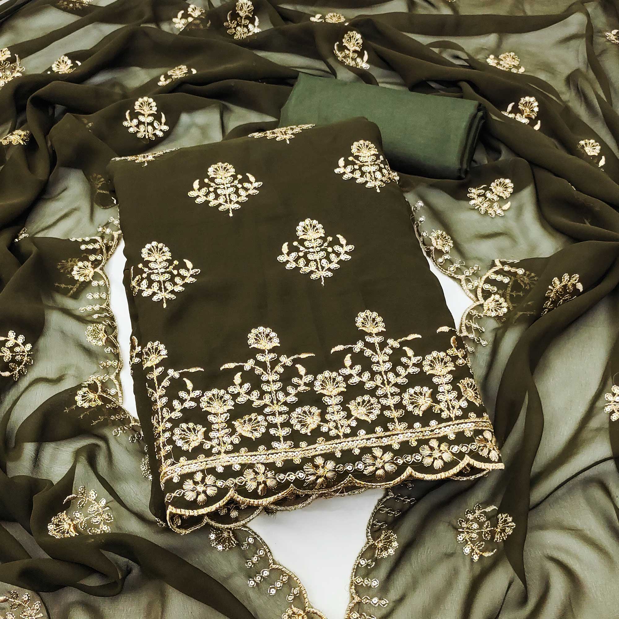 Mehendi Green Floral Sequins Embroidered Georgette Dress Material