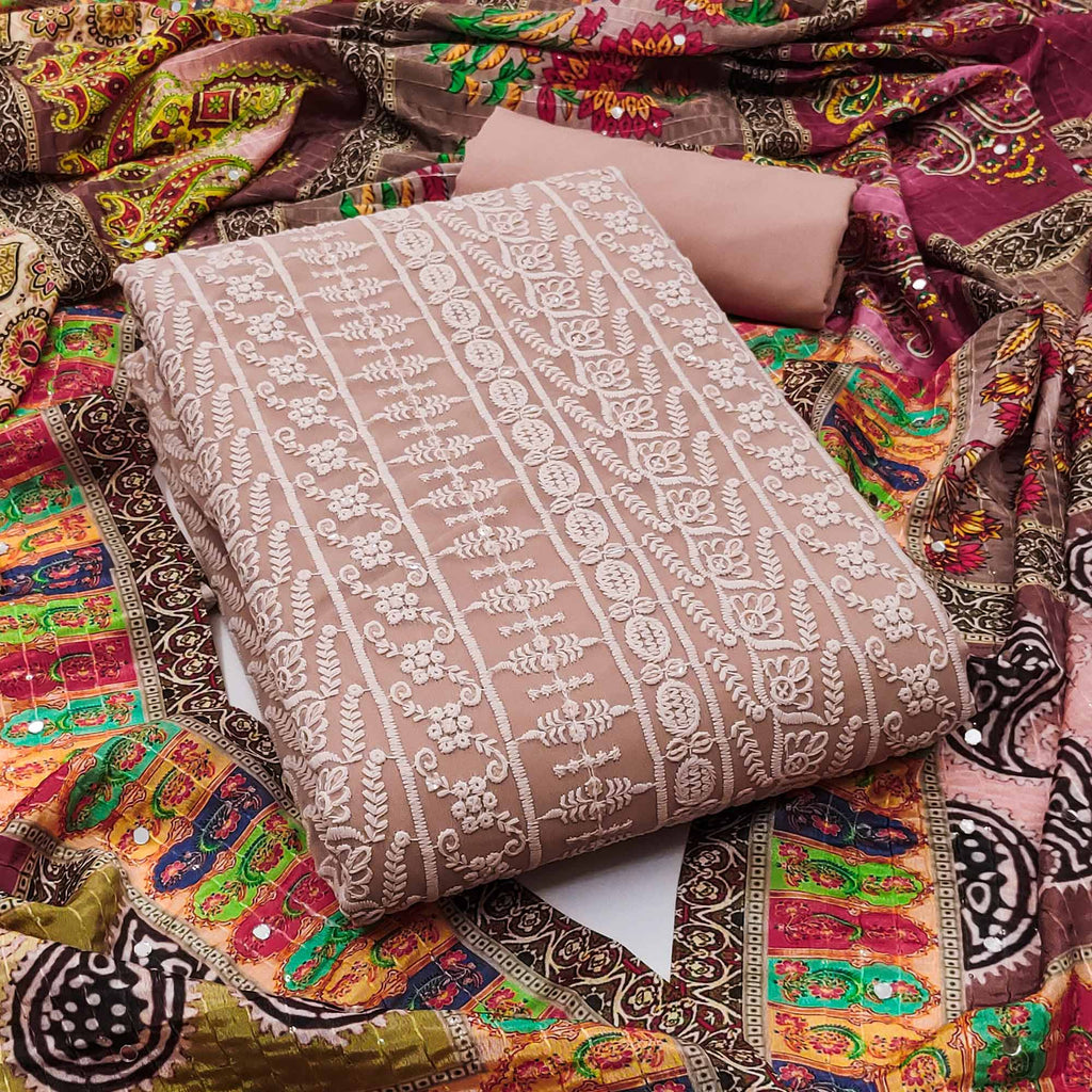 Coffee Brown Floral Chikankari Work Georgette Dress Material