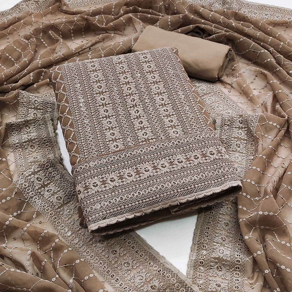 Brown Chikankari Work Georgette Dress Material