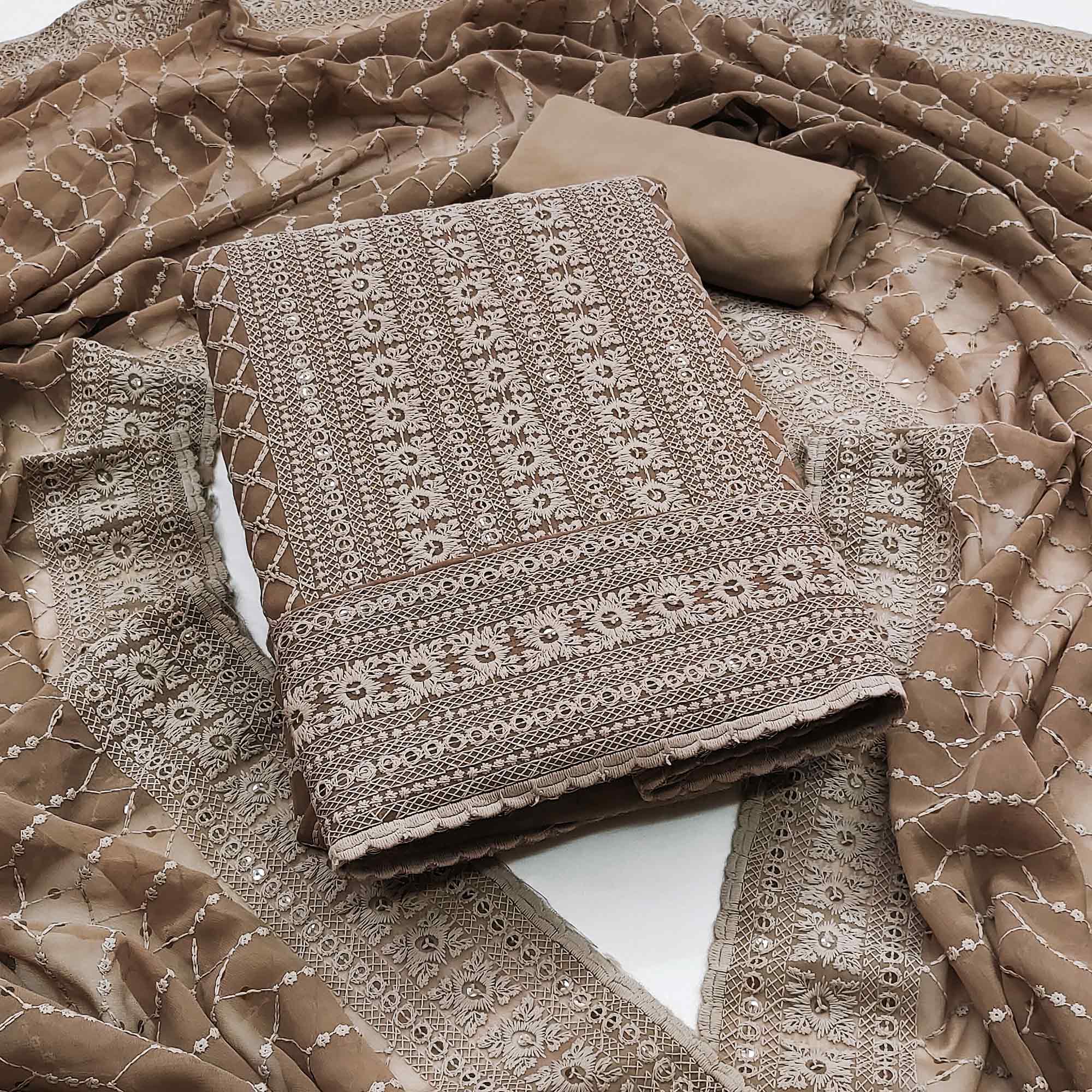 Brown Chikankari Work Georgette Dress Material
