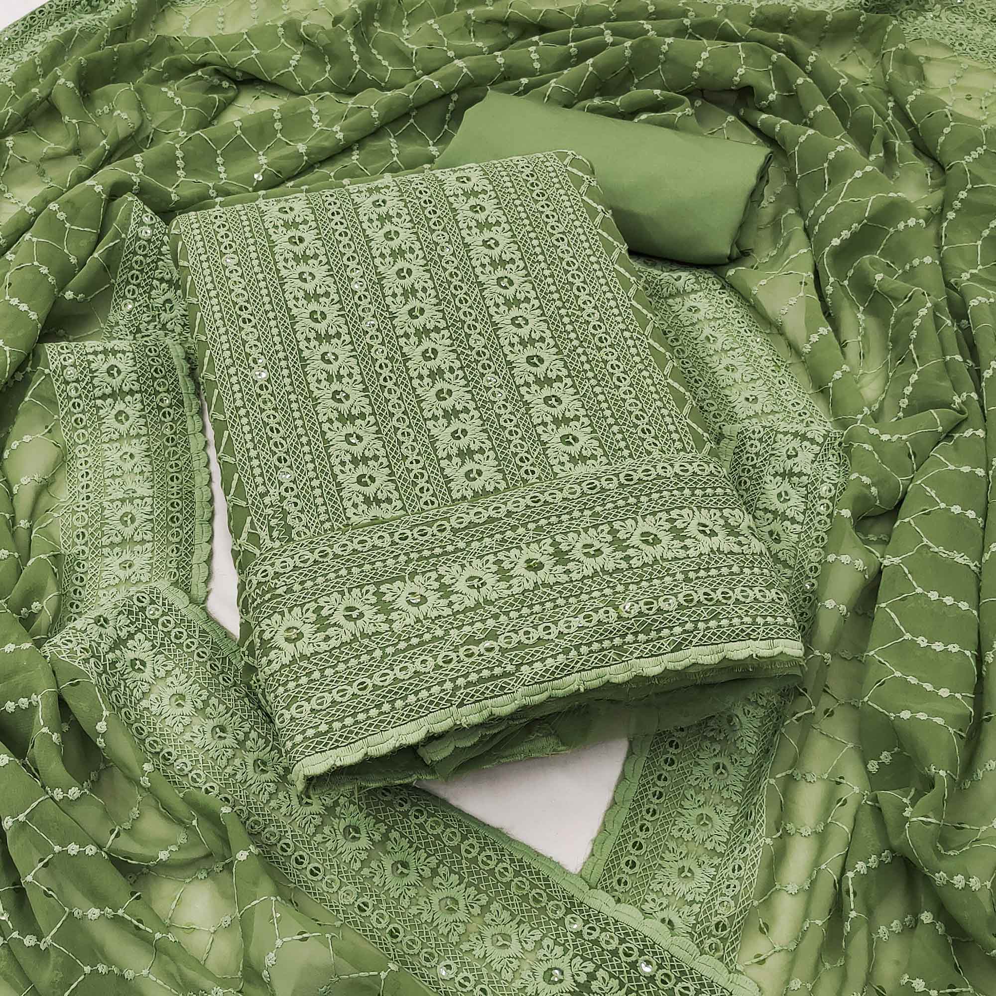 Green Chikankari Work Georgette Dress Material