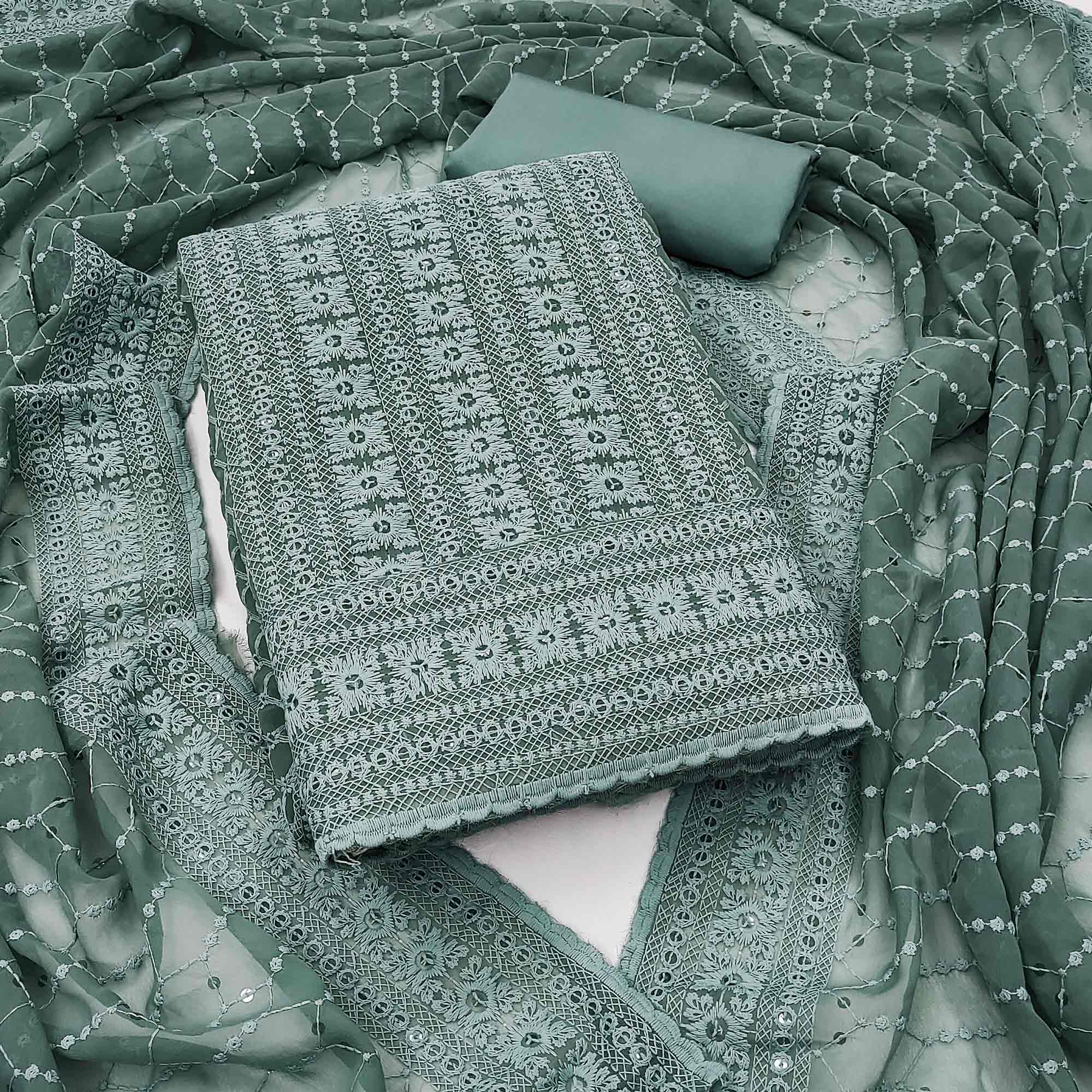 Grey Chikankari Work Georgette Dress Material