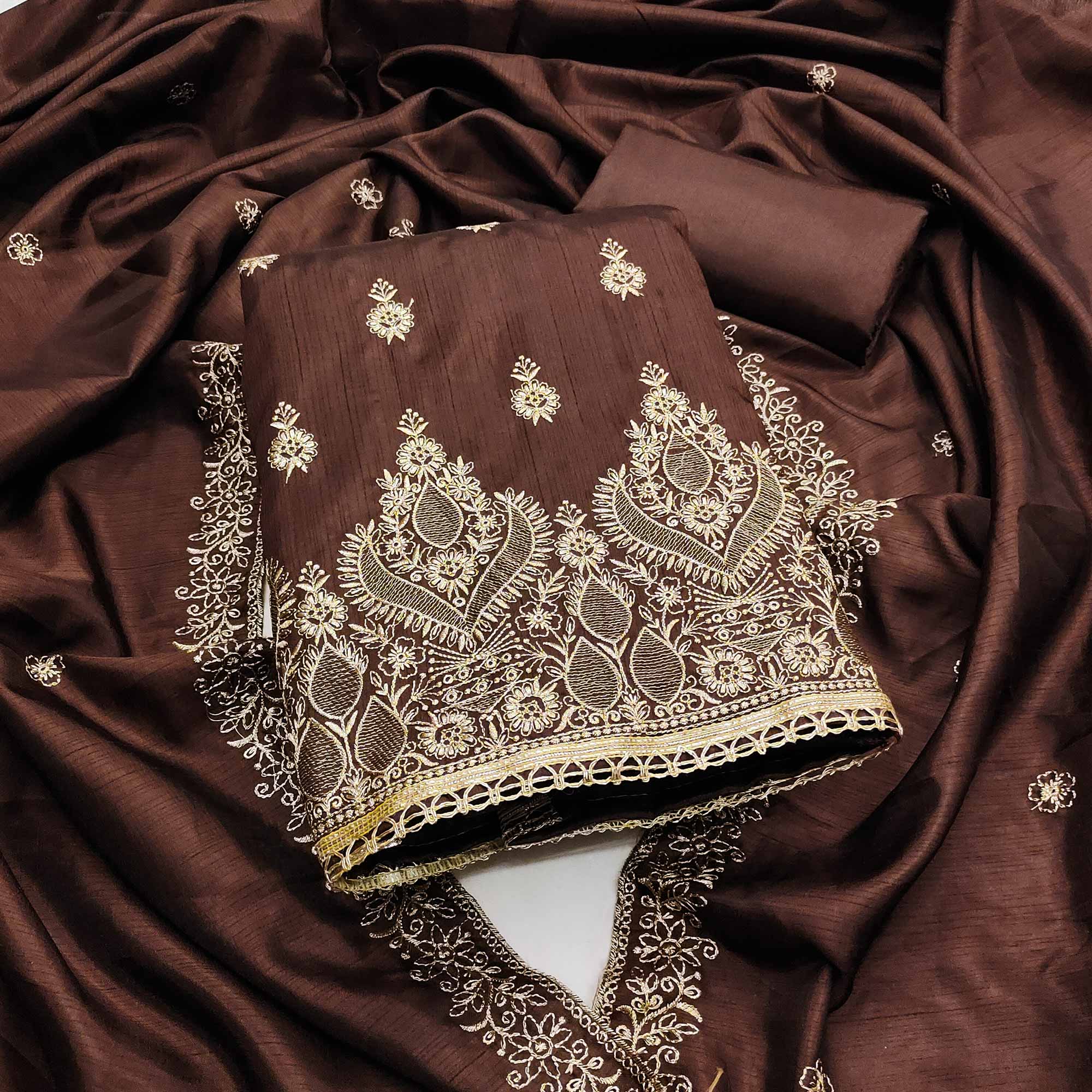 Brown Floral Embroidered Cotton Blend Dress Material