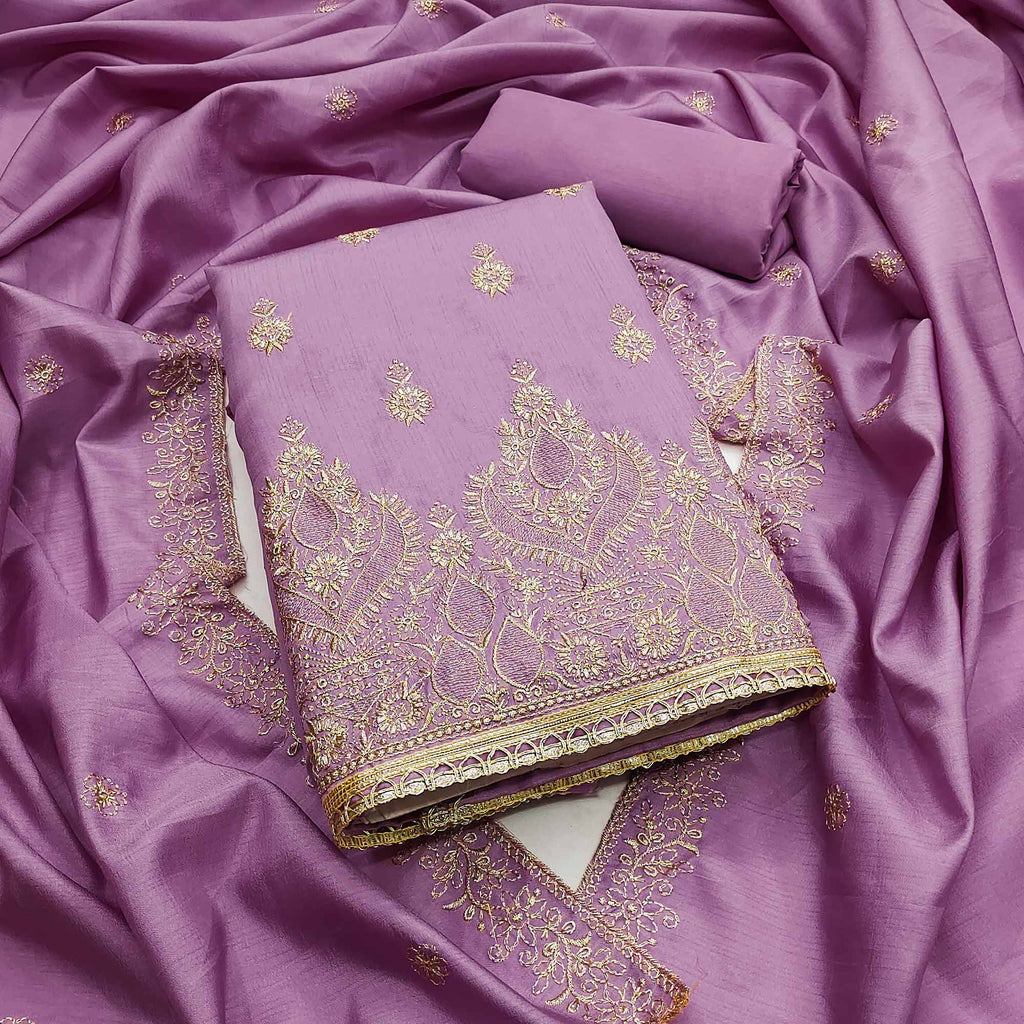 Lavender Floral Embroidered Cotton Blend Dress Material