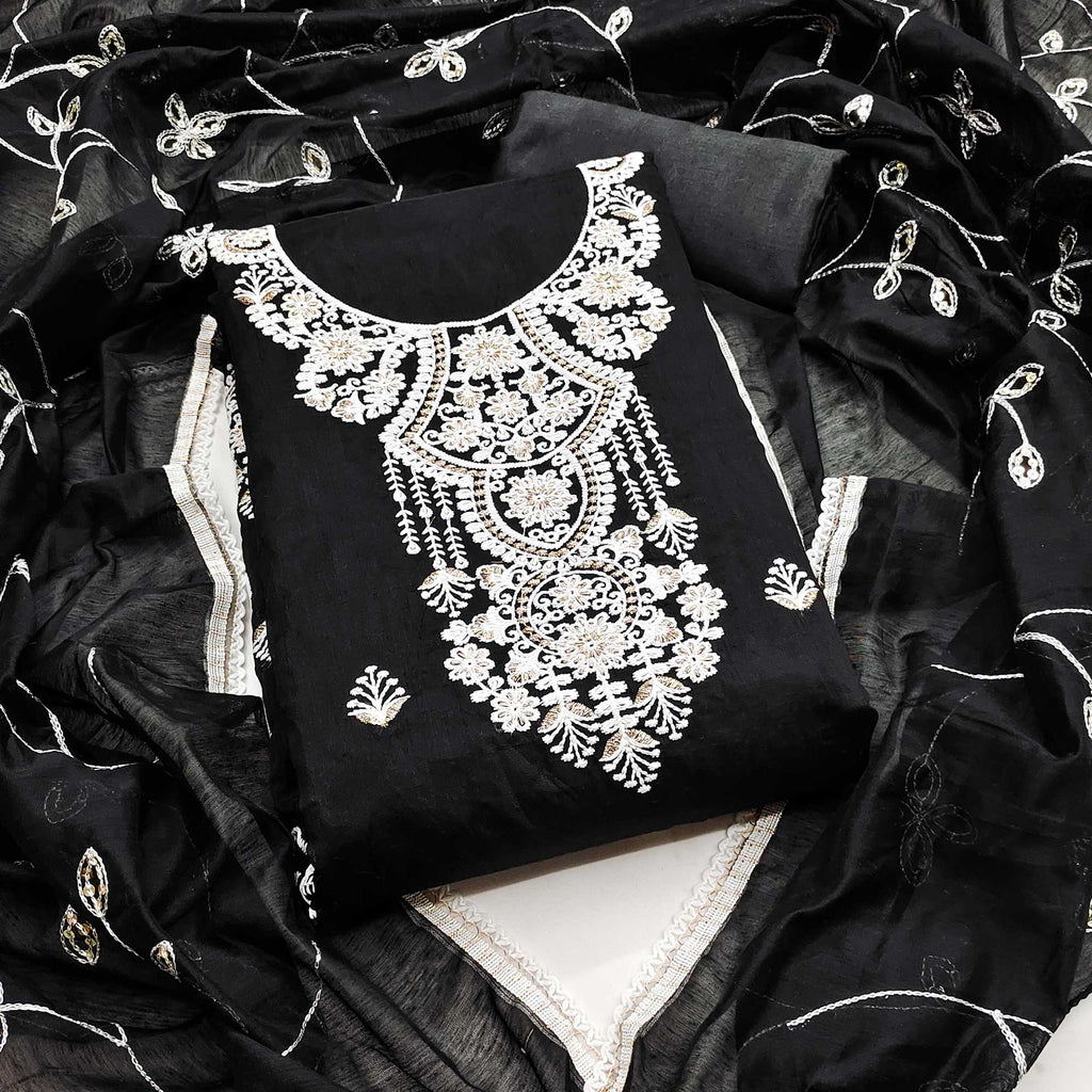 Black Floral Embroidered Chanderi Dress Material