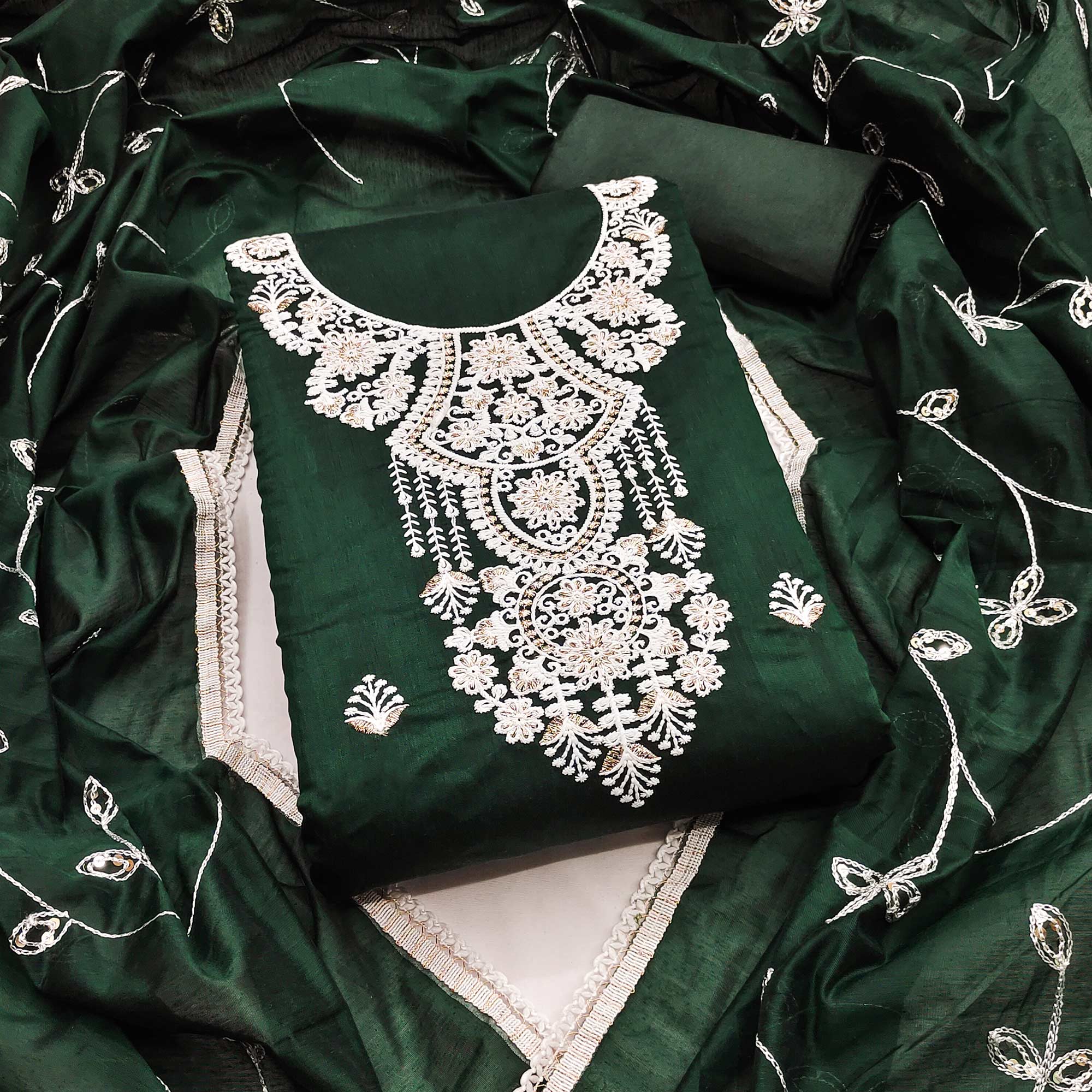 Bottle Green Floral Embroidered Chanderi Dress Material