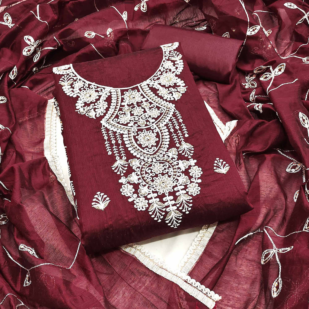Maroon Floral Embroidered Chanderi Dress Material