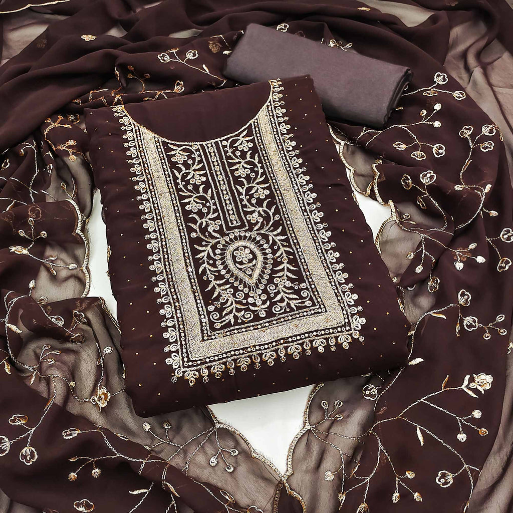 Brown Floral Embroidery With Stonework Georgette Dress Material
