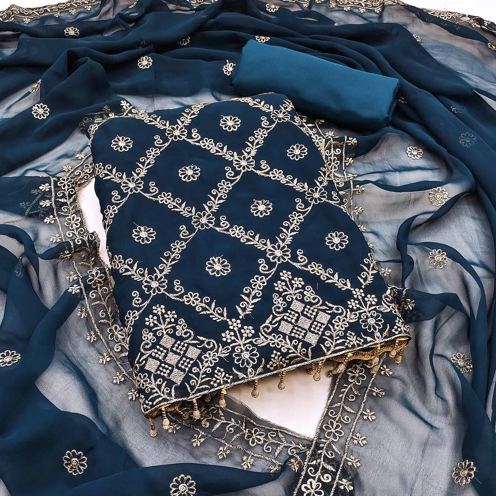 A Mesmerizing Creation Blue Floral Embroidered Georgette Dress Material