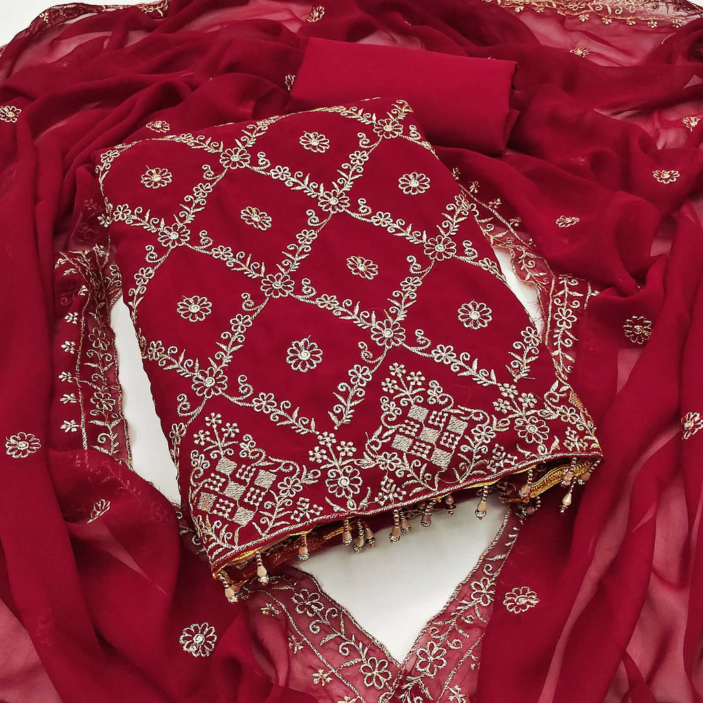 Drape Yourself In Luxury Maroon Floral Embroidered Georgette Dress Material