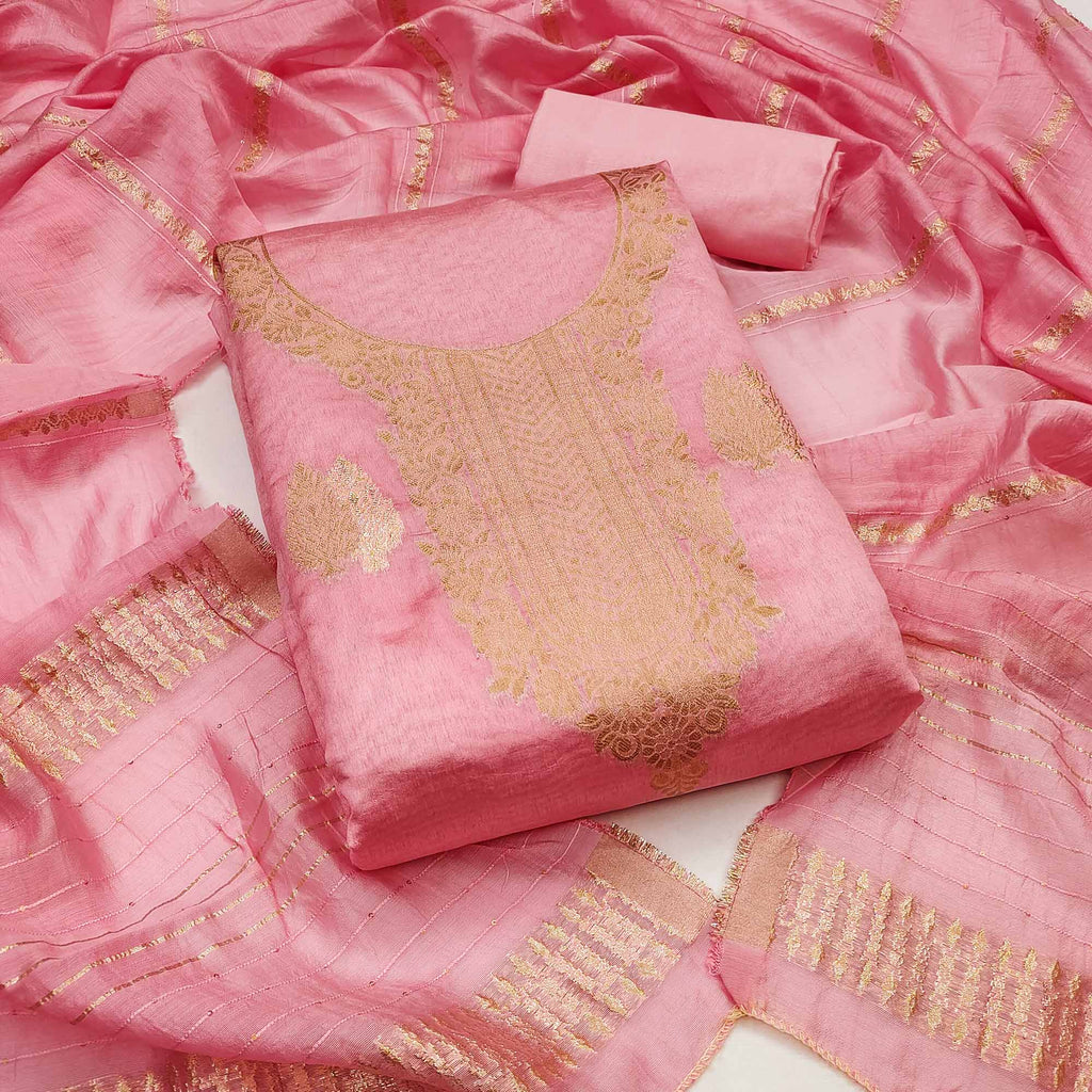 A Mesmerizing Creation Baby Pink Floral Woven Banarasi Jacquard Dress Material