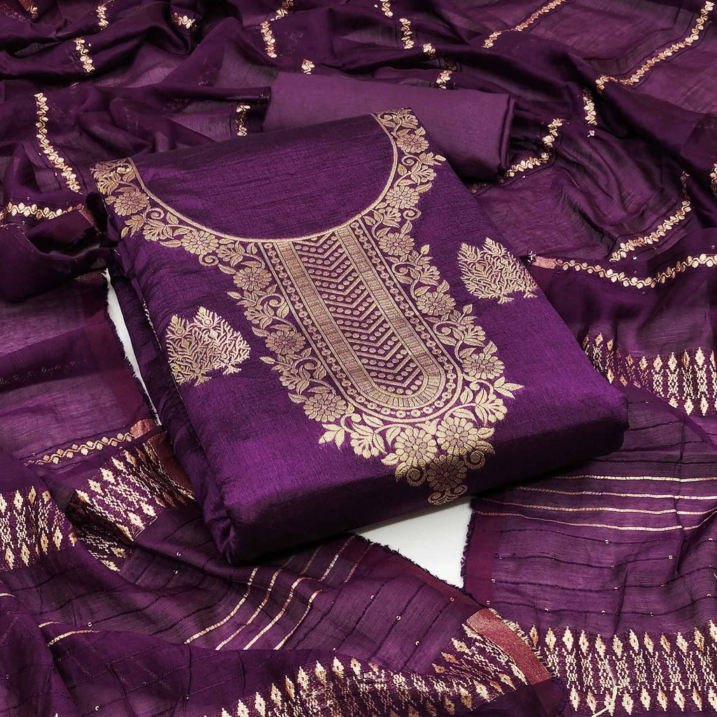 Make a Statement with Purple Floral Woven Banarasi Jacquard Dress Material