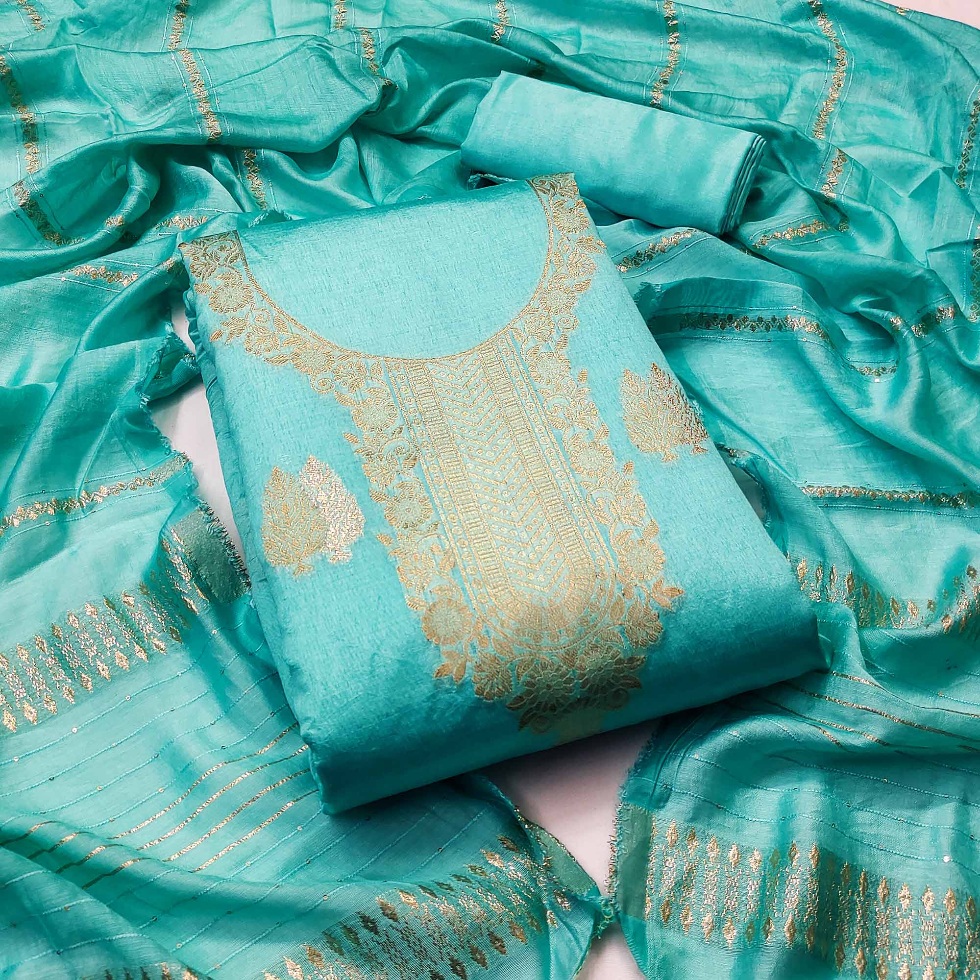 Drape Yourself in Luxury Turquoise Floral Woven Banarasi Jacquard Dress Material