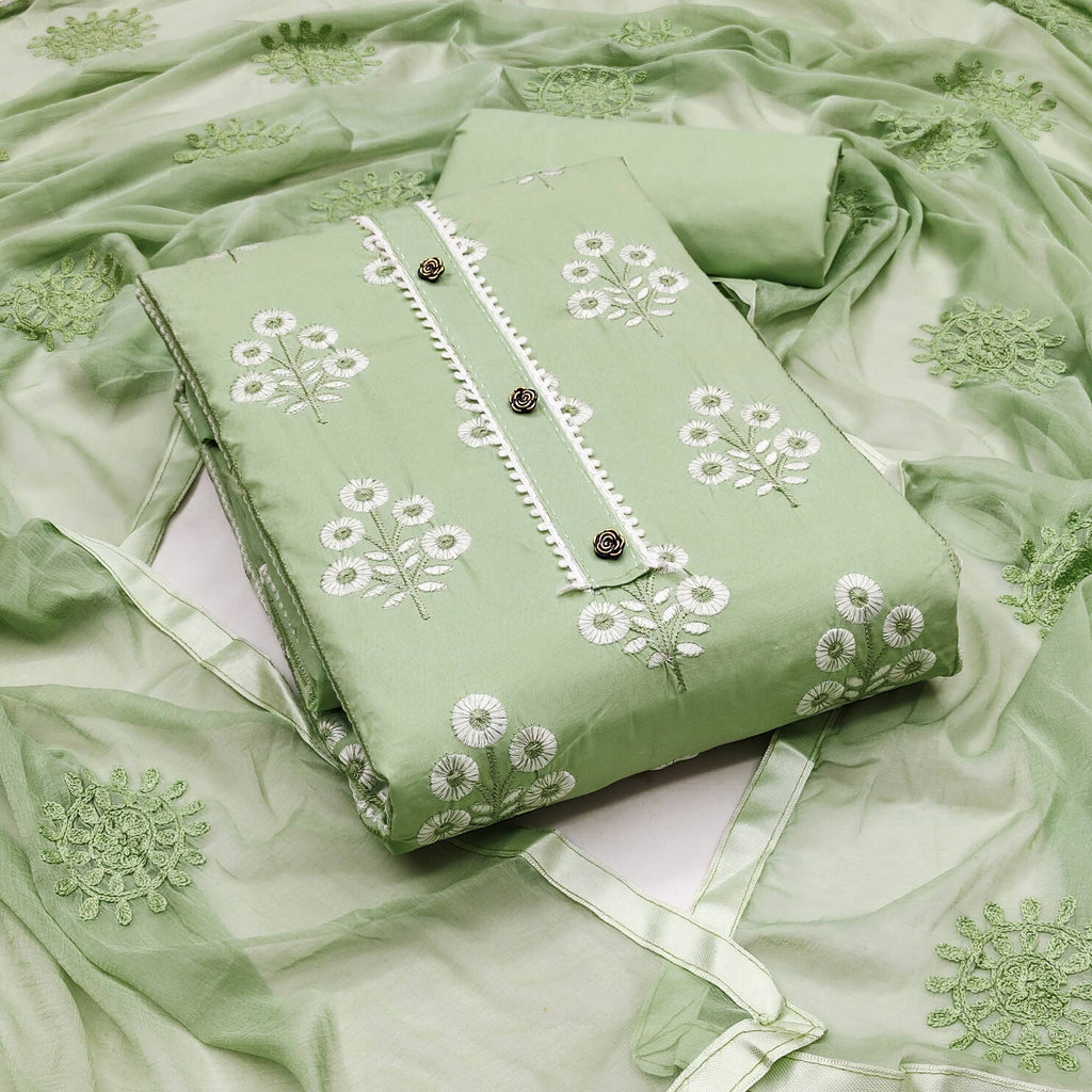 Make a Statement with Pista Green Floral Thread Embroidered Cotton Blend Dress Material