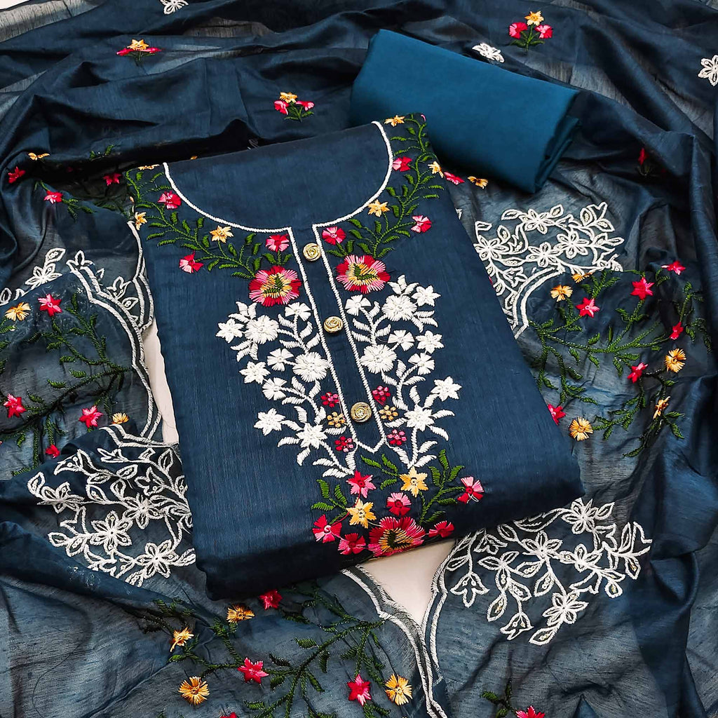 A Timeless Beauty Blue Floral Sequins Embroidered Chanderi Dress Material