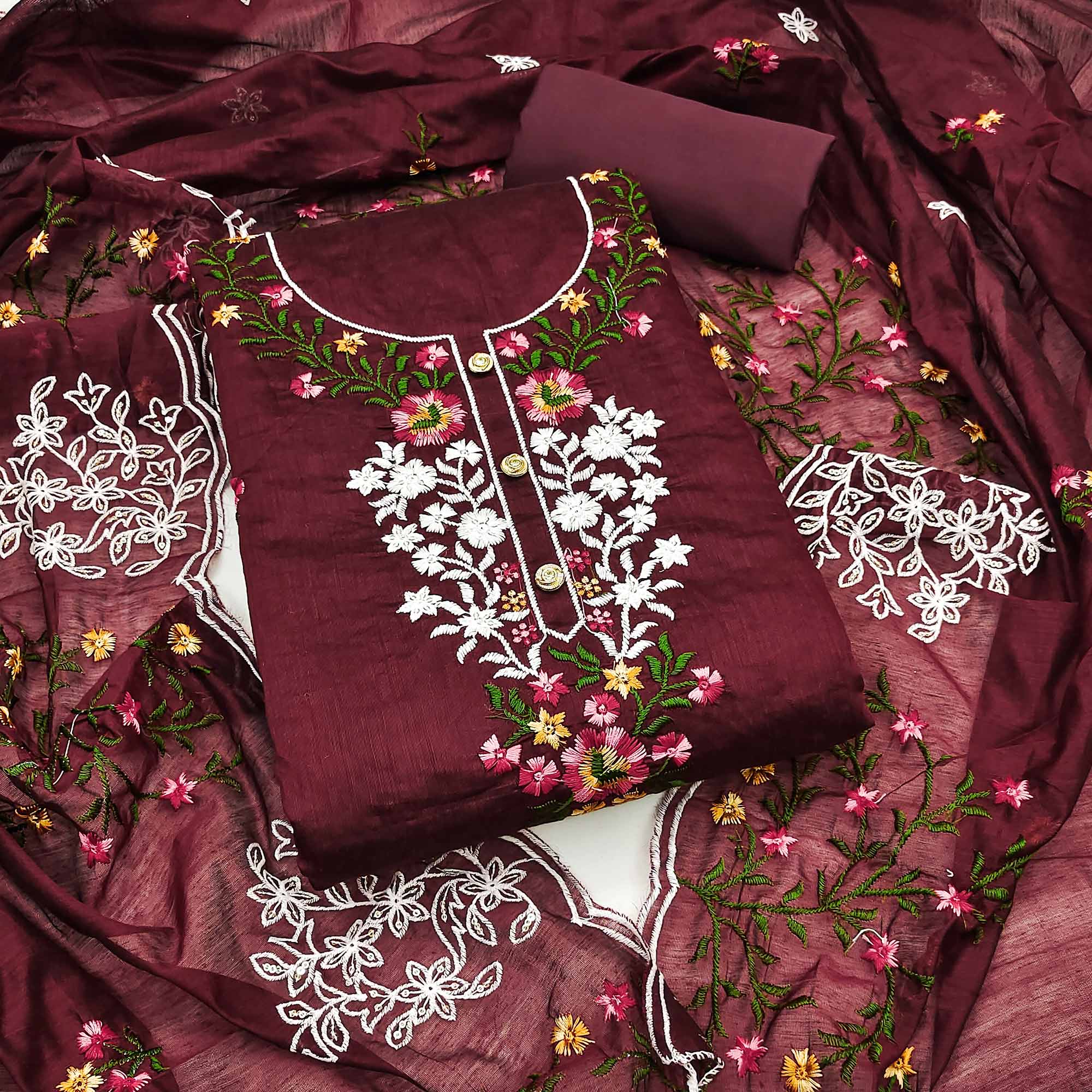 A Timeless Beauty Maroon Floral Sequins Embroidered Chanderi Dress Material
