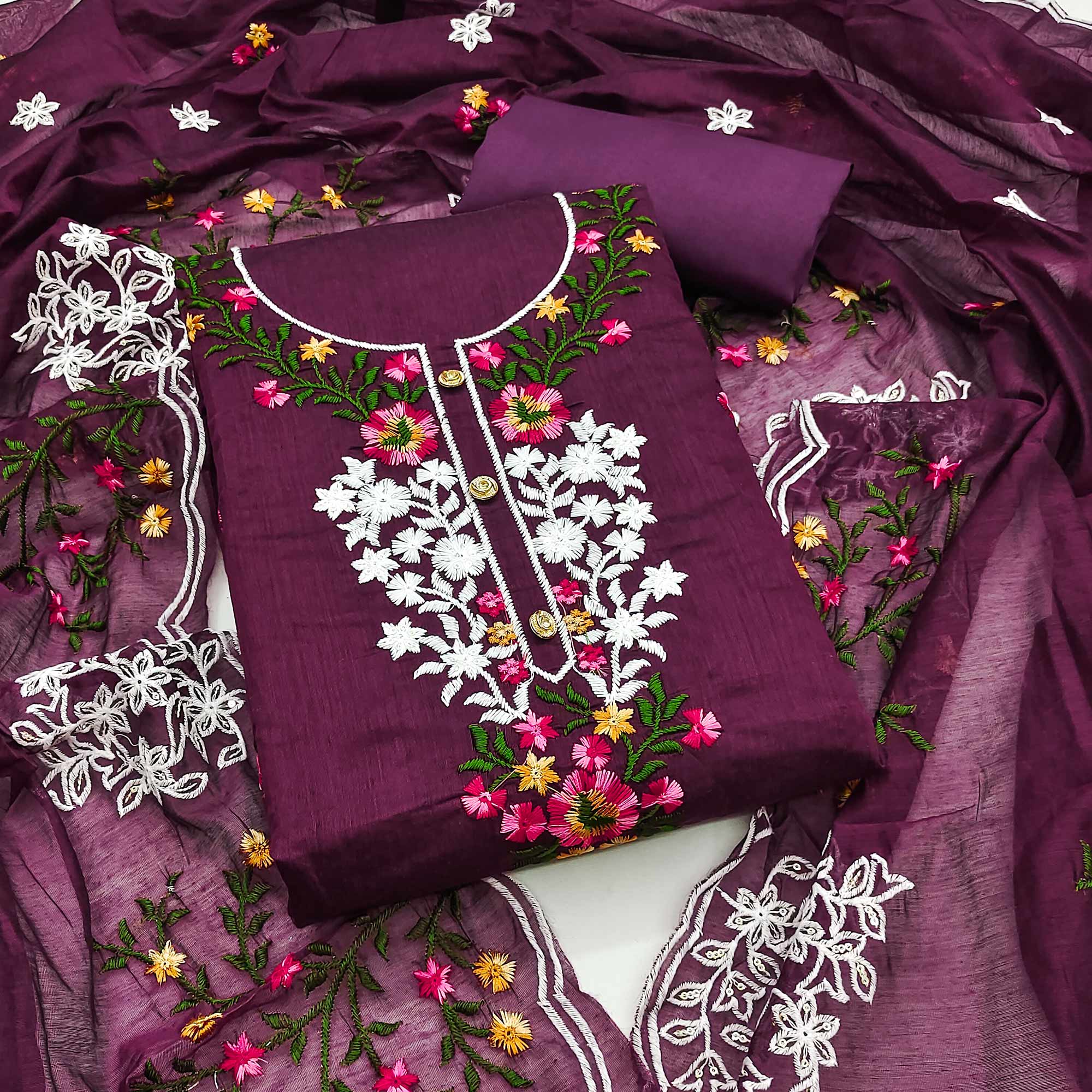 A Timeless Beauty Wine Floral Sequins Embroidered Chanderi Dress Material