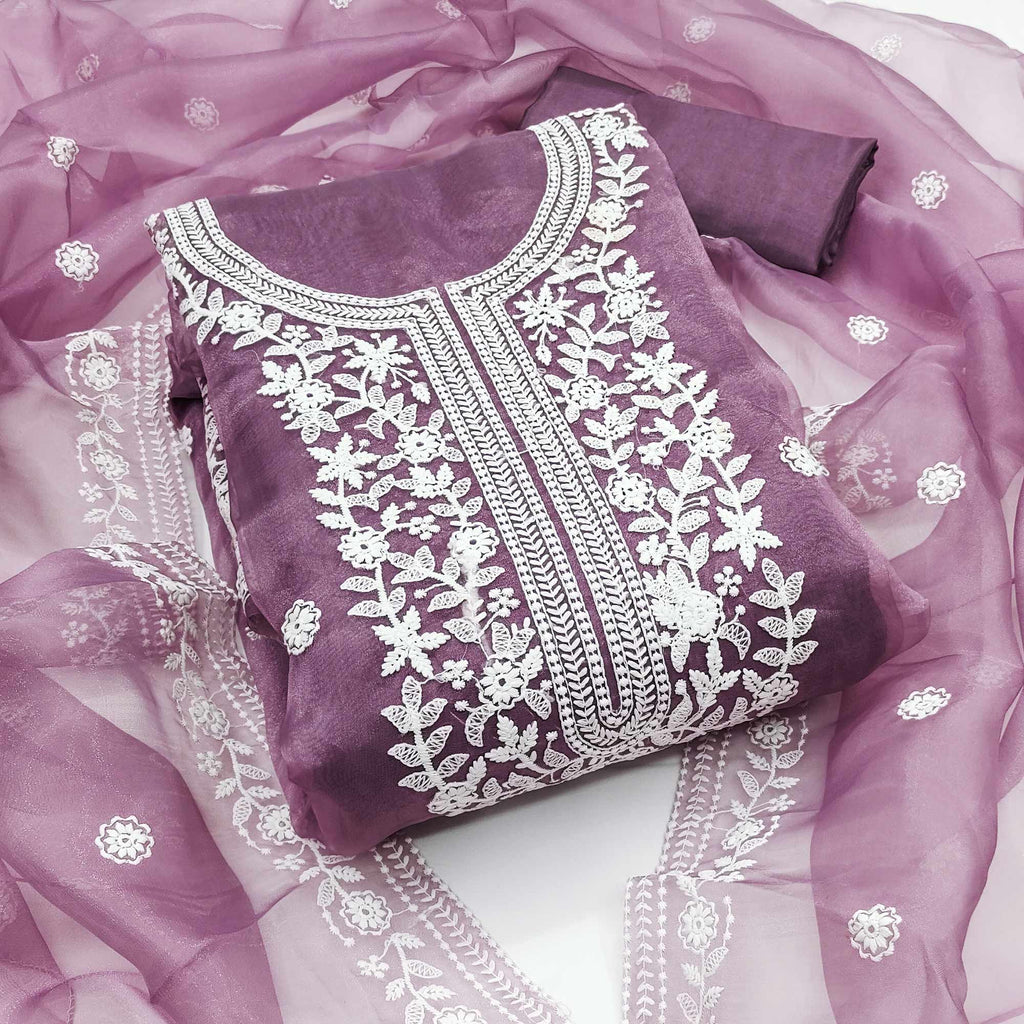 An Ethereal Charm Purple Floral Thread Embroidered Organza Dress Material