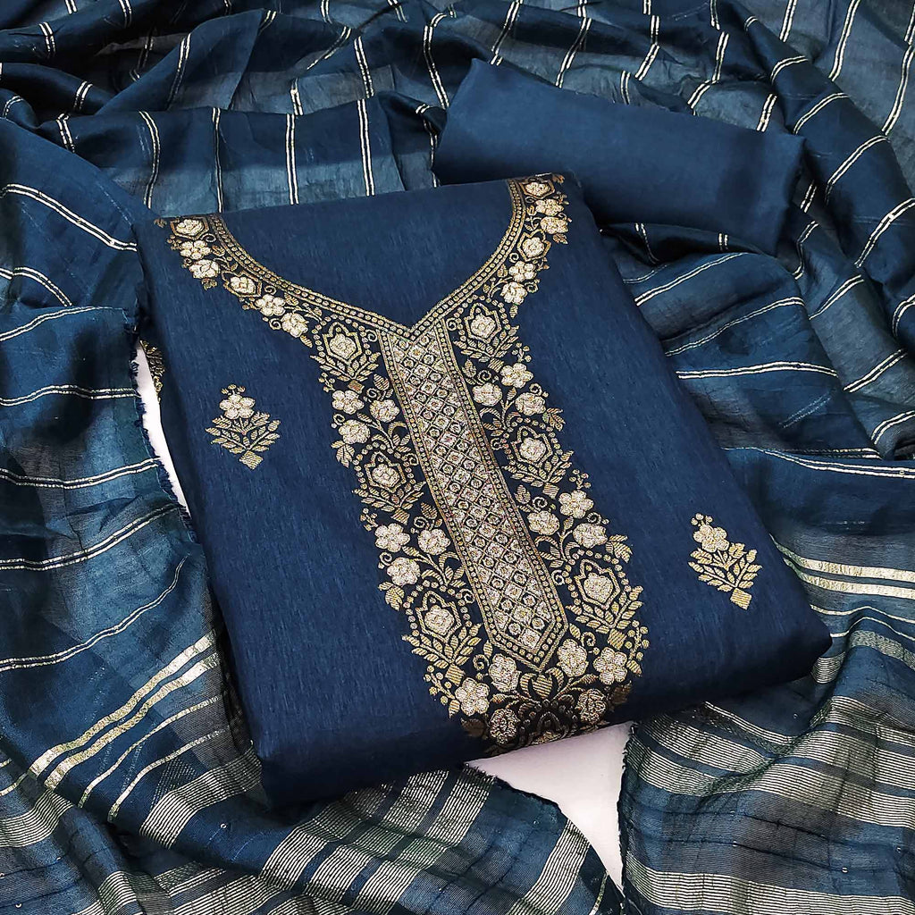 Charming Blue Banarasi Jacquard Dress Material Adorned With Ornate Zari Floral Weaves