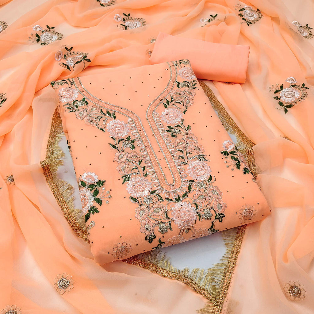 Orange Georgette Dress Material With Exquisite Floral Embroidery & Shimmering Stonework