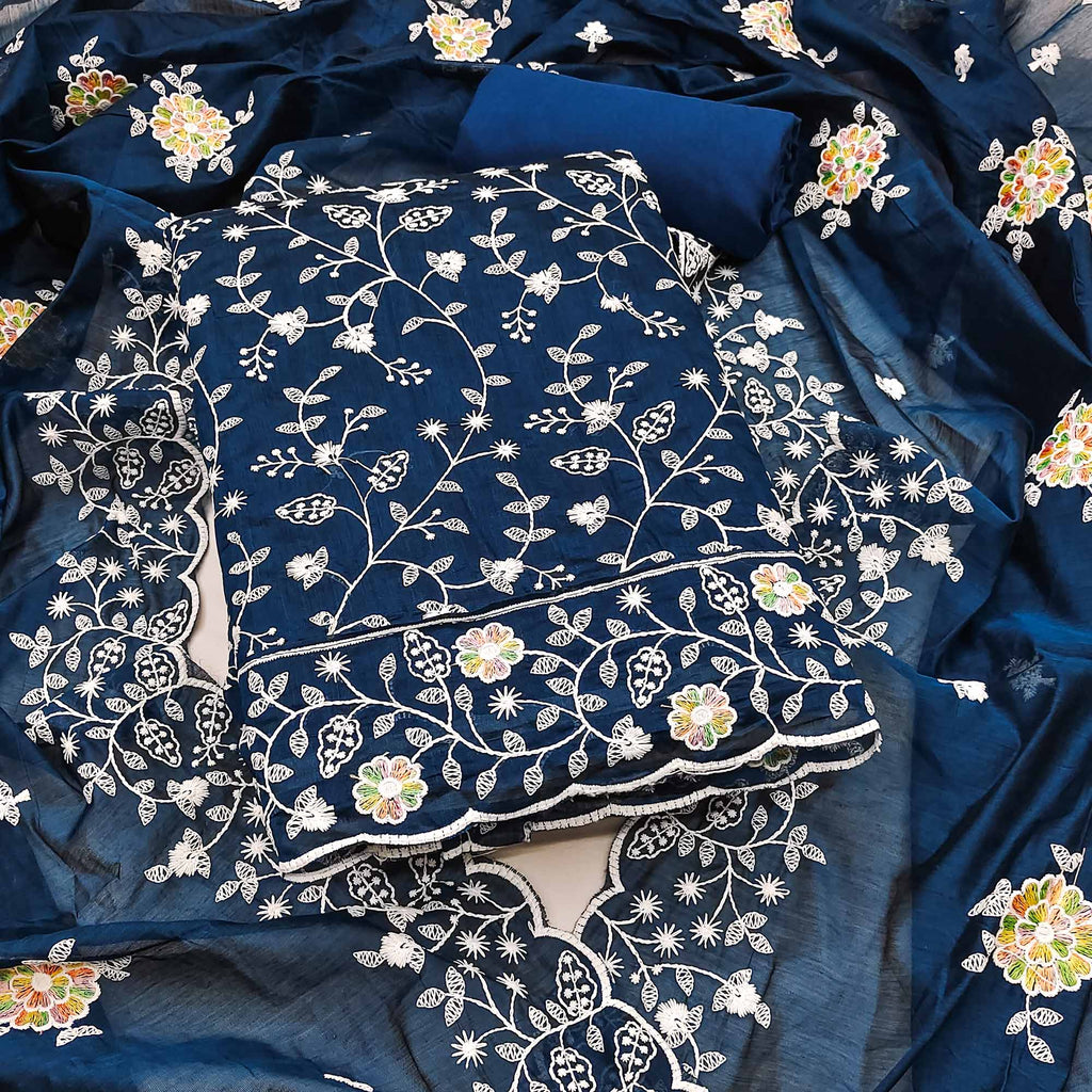 Elegant Blue Chanderi Silk Dress Material Adorned With Graceful Floral Thread Embroidery