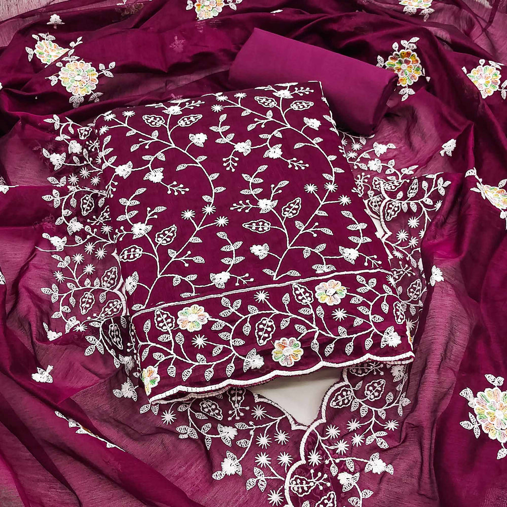 Opulent Wine Chanderi Silk Dress Material With Artistic Floral Thread Embroidery