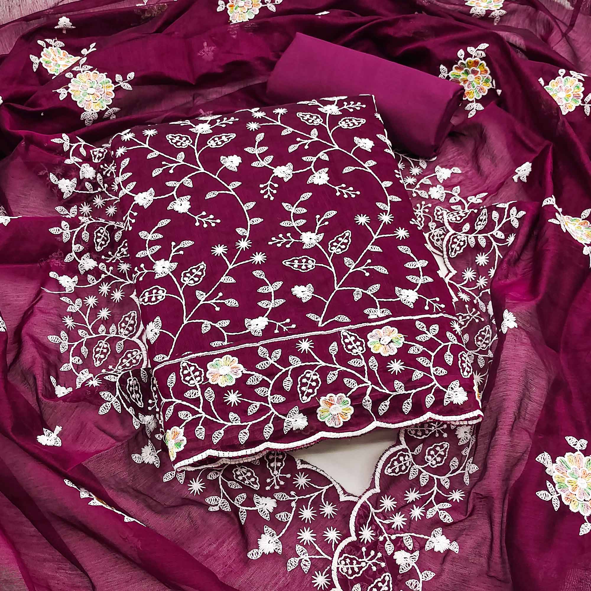 Opulent Wine Chanderi Silk Dress Material With Artistic Floral Thread Embroidery