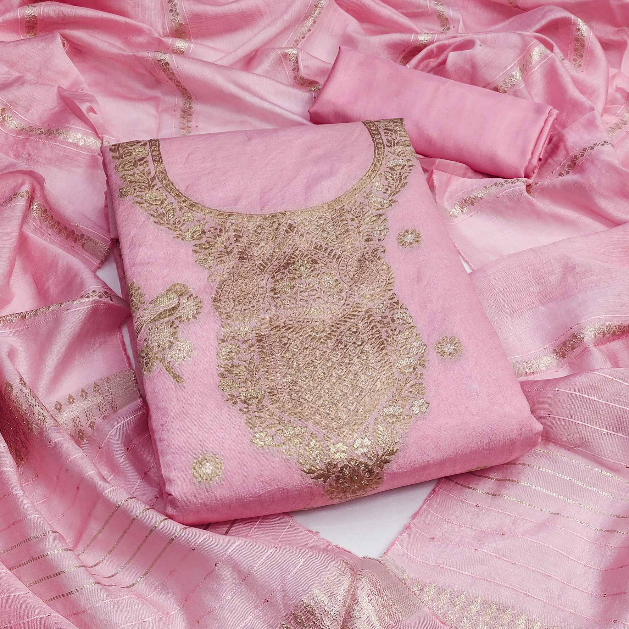 Baby Pink Banarasi Silk Dress Material With Classic Zari Design