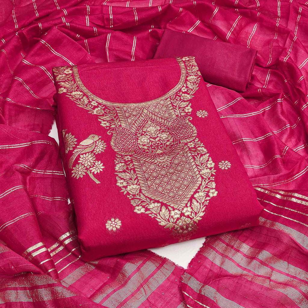 Dark Pink Banarasi Silk Dress Material With Classic Zari Design