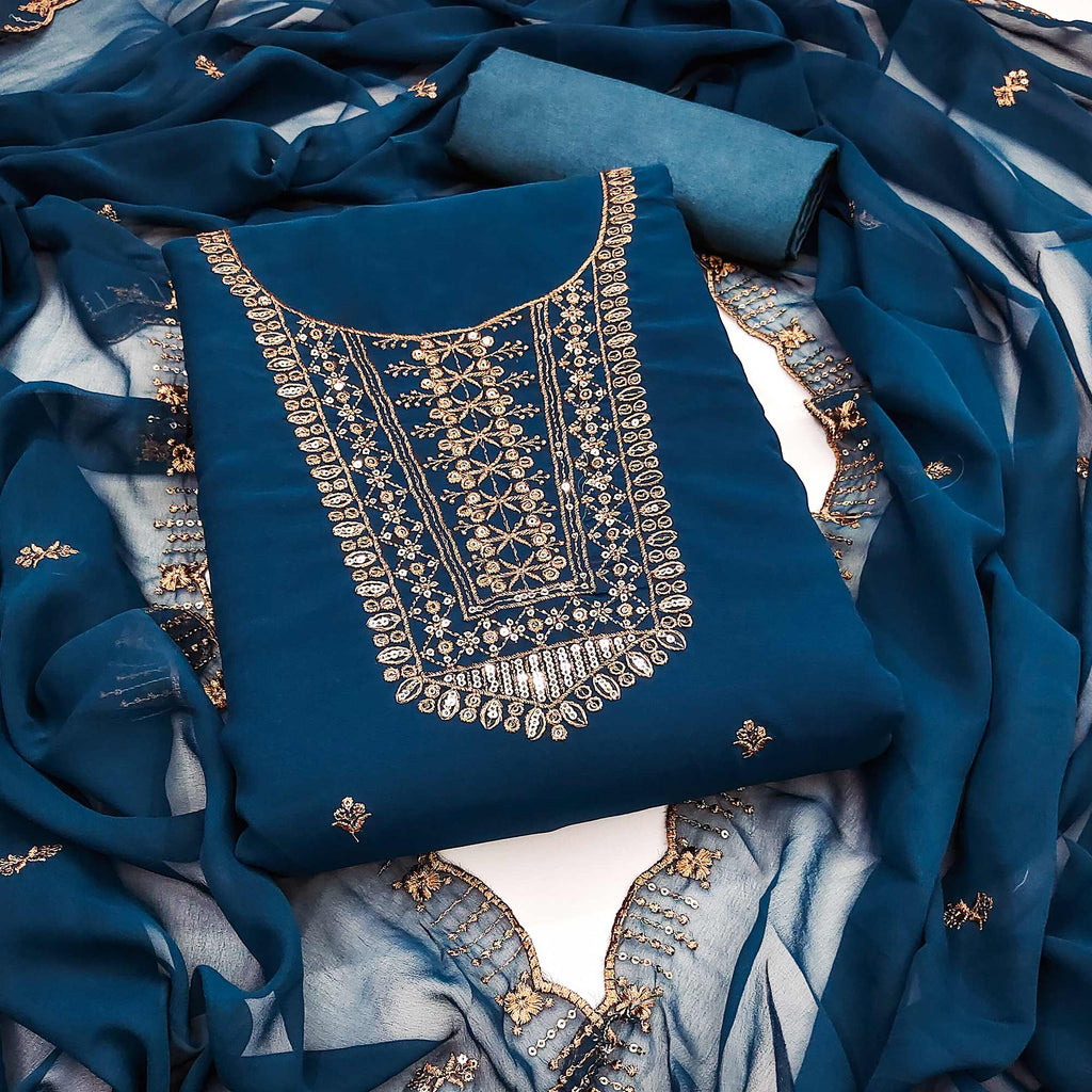 Blue Georgette Dress Material Featuring Floral Sequins Embroidery