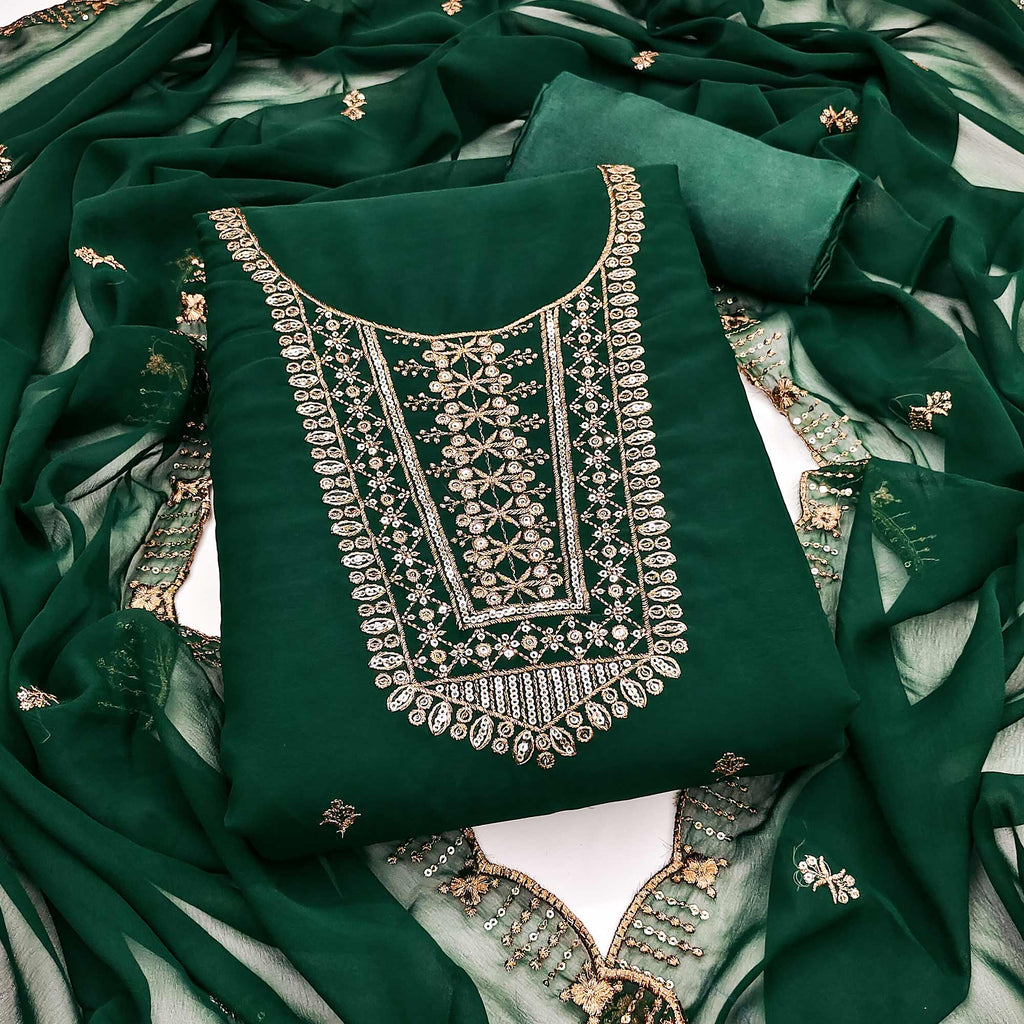 Green Georgette Dress Material Featuring Floral Sequins Embroidery