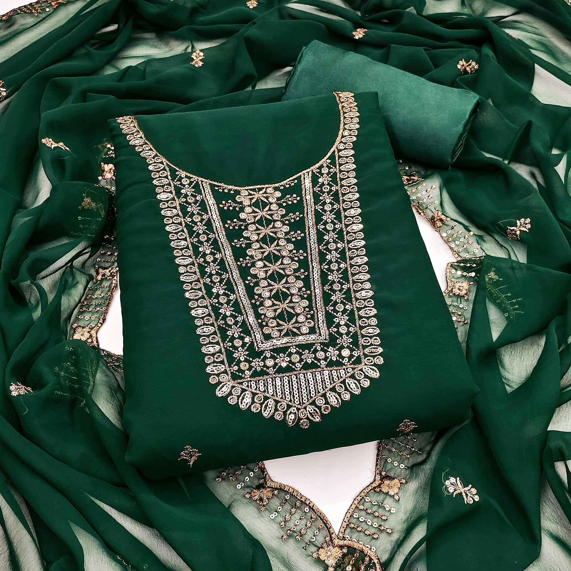 Green Georgette Dress Material Featuring Floral Sequins Embroidery