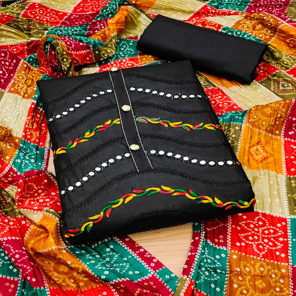 Black Cotton Blend Dress Material With Intricate Thread Embroidery & Paper Mirror Work