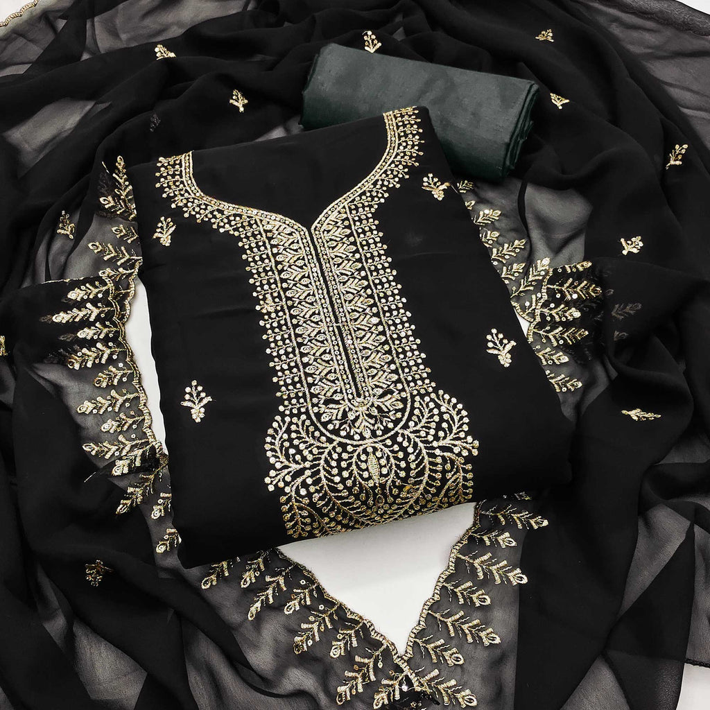 Black Georgette Dress Material Adorned With Floral Zari & Sequin Embroidery