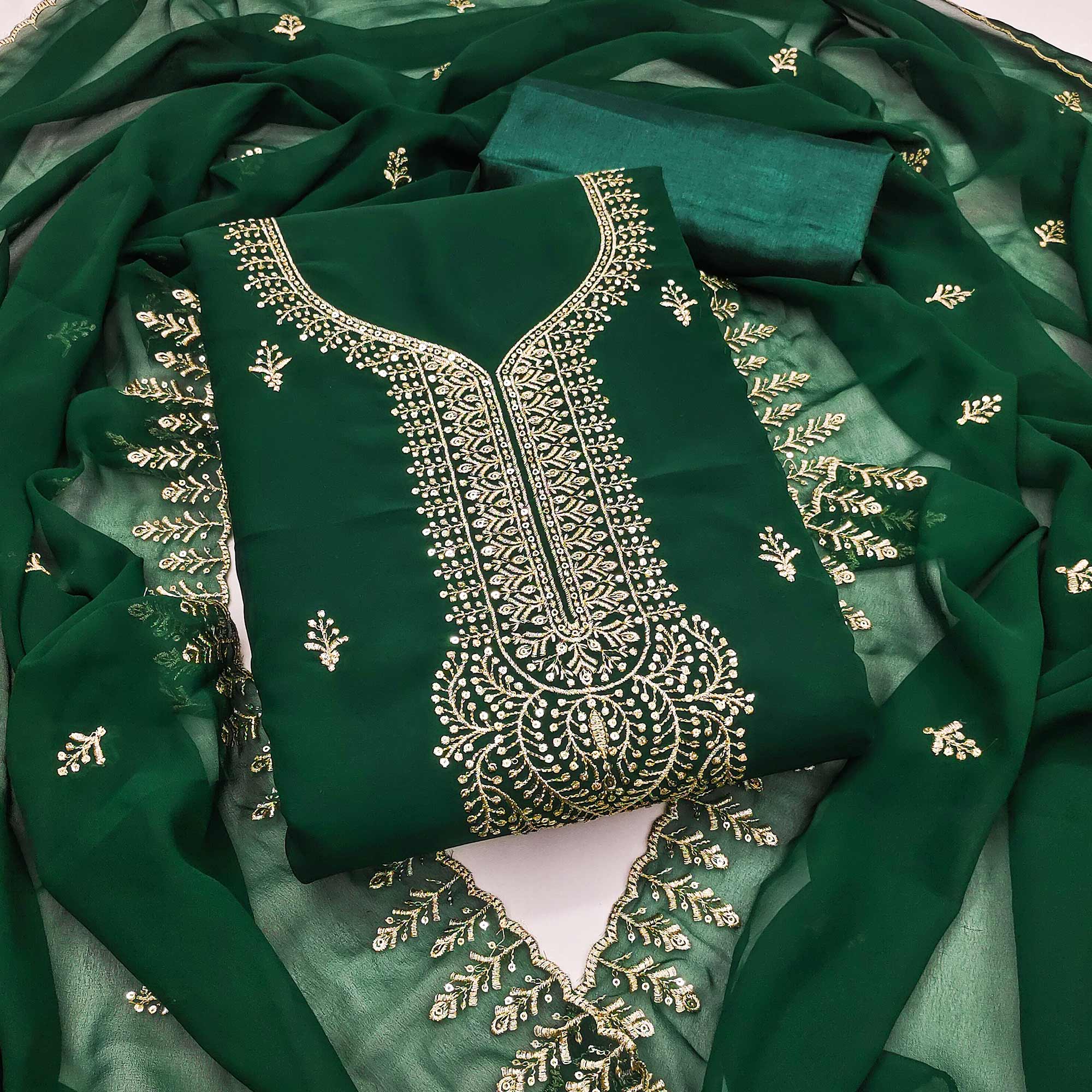 Green Georgette Dress Material Adorned With Floral Zari & Sequin Embroidery