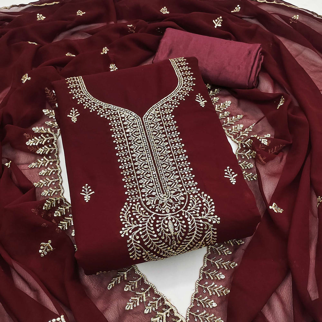 Maroon Georgette Dress Material Adorned With Floral Zari & Sequin Embroidery