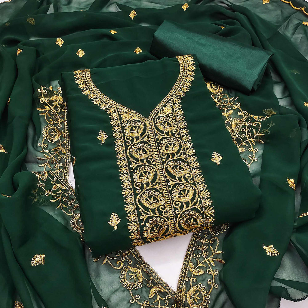 Green Georgette Dress Material With Intricate Floral Zari Embroidery