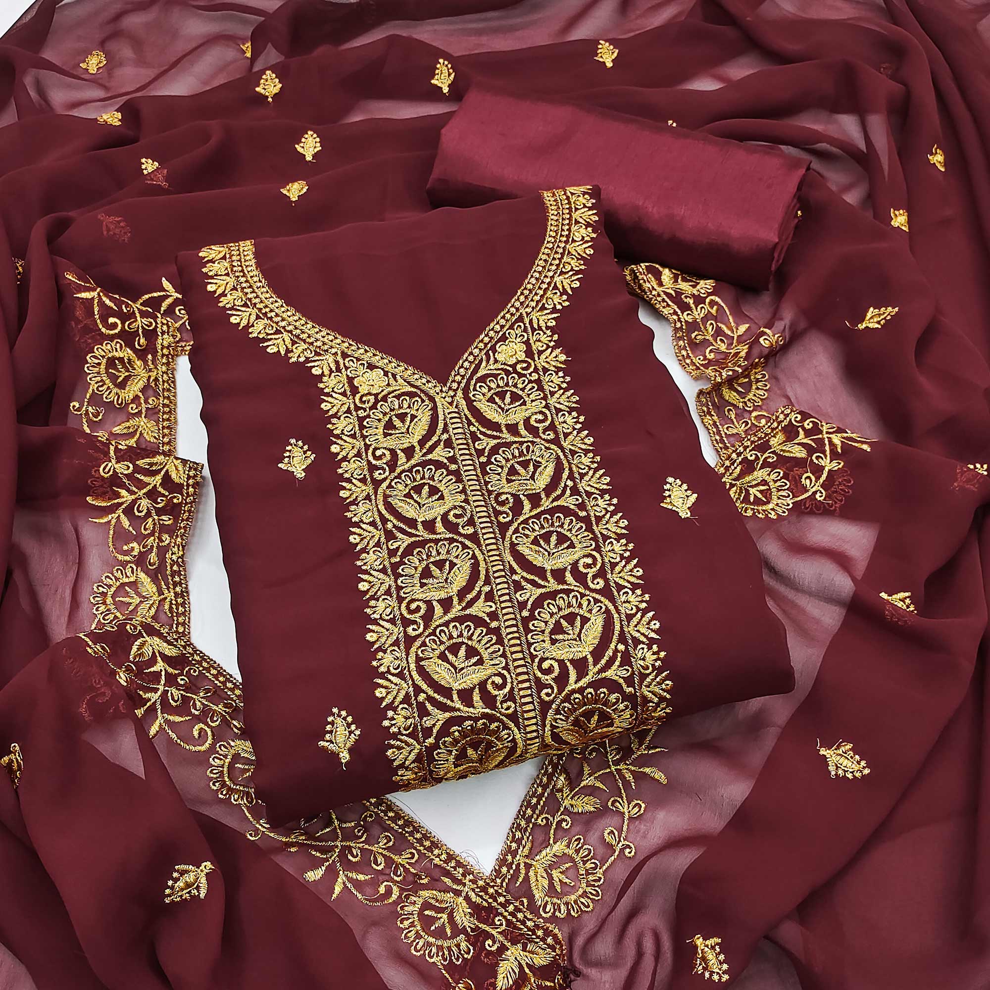 Maroon Georgette Dress Material With Intricate Floral Zari Embroidery