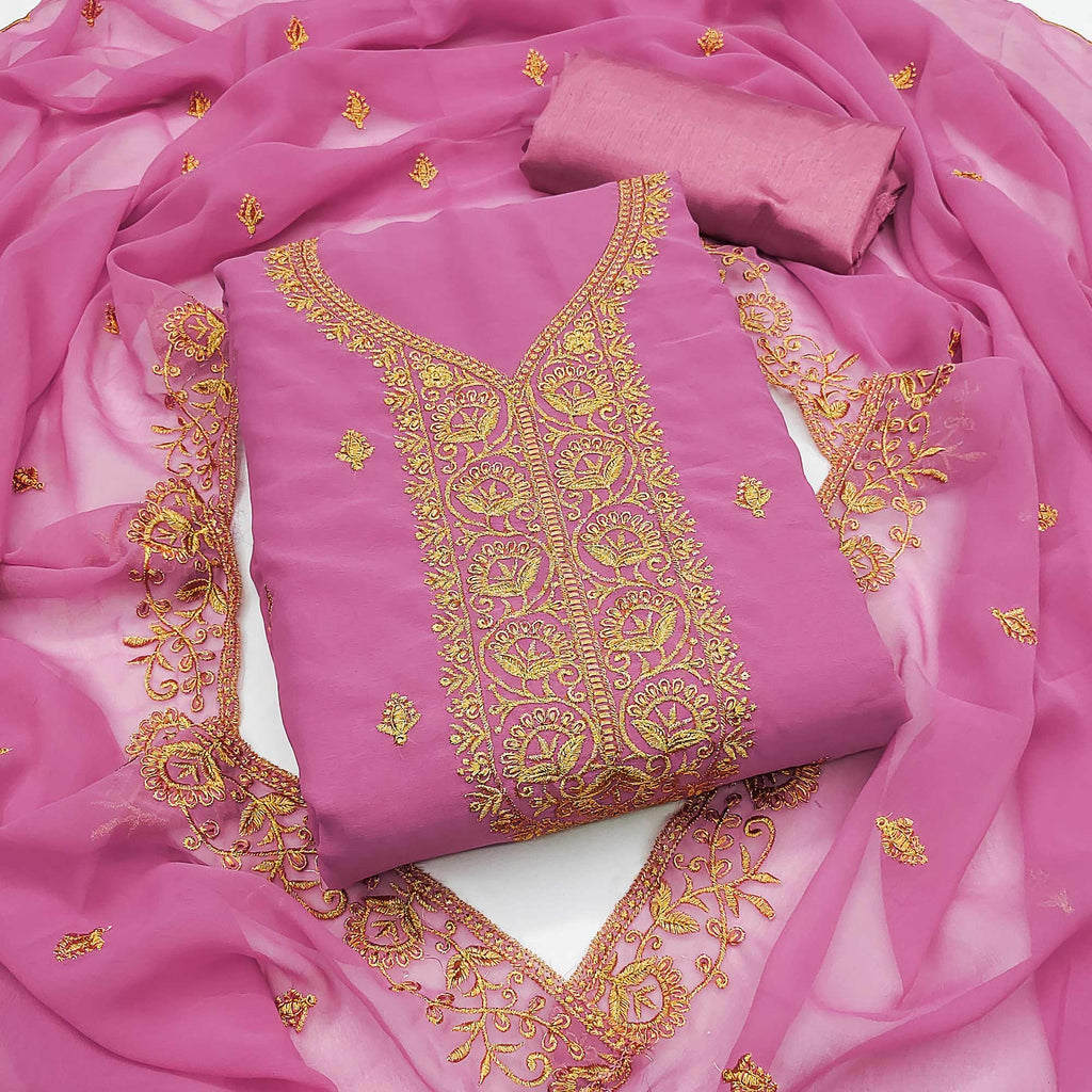 Pink Georgette Dress Material With Intricate Floral Zari Embroidery