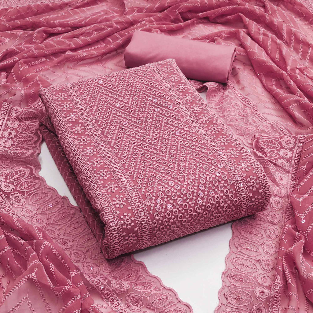 Pink Georgette Dress Material With Alluring Sequin Embroidery