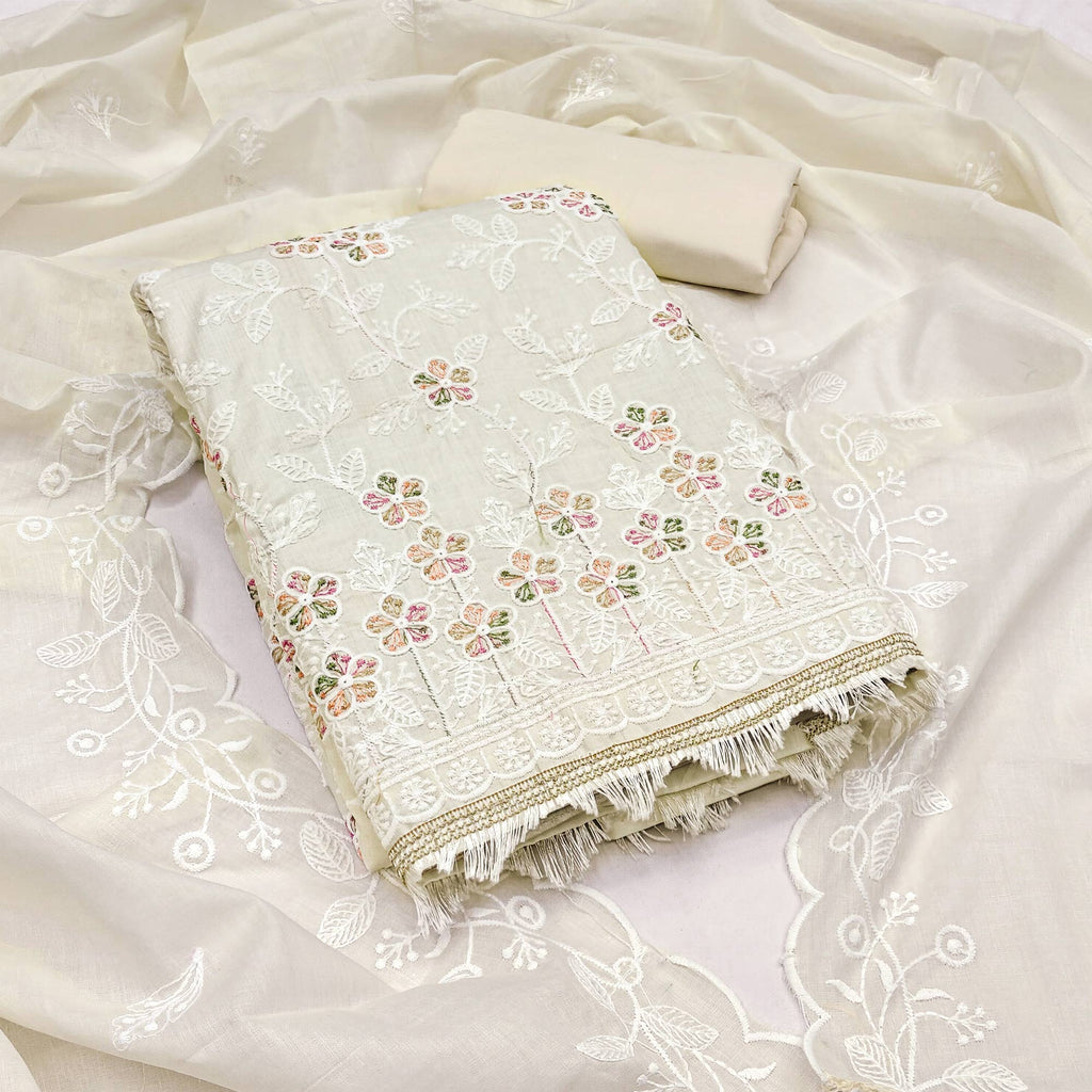 Cream Cotton Blend Dress Material With Delicate Floral Thread Embroidery