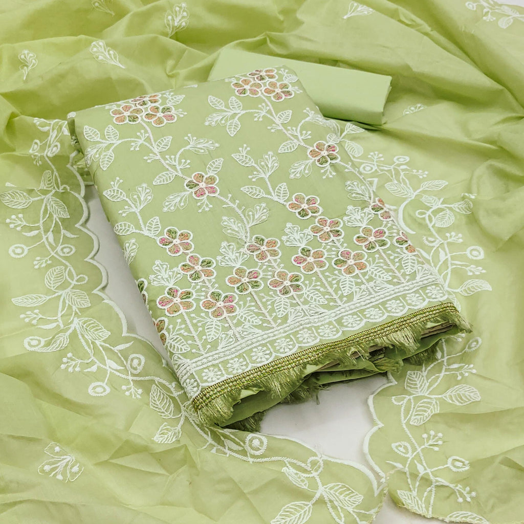Green Cotton Blend Dress Material With Delicate Floral Thread Embroidery