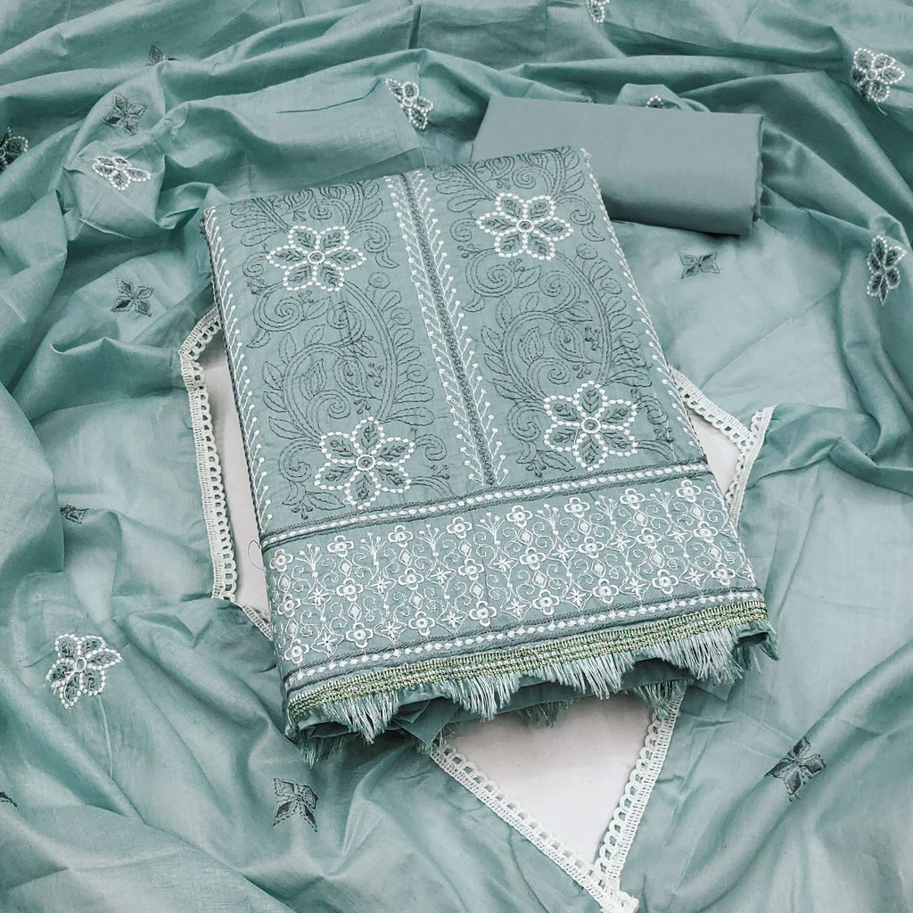 Grey Cotton Blend Dress Material With Intricate Floral Thread Embroidery Work