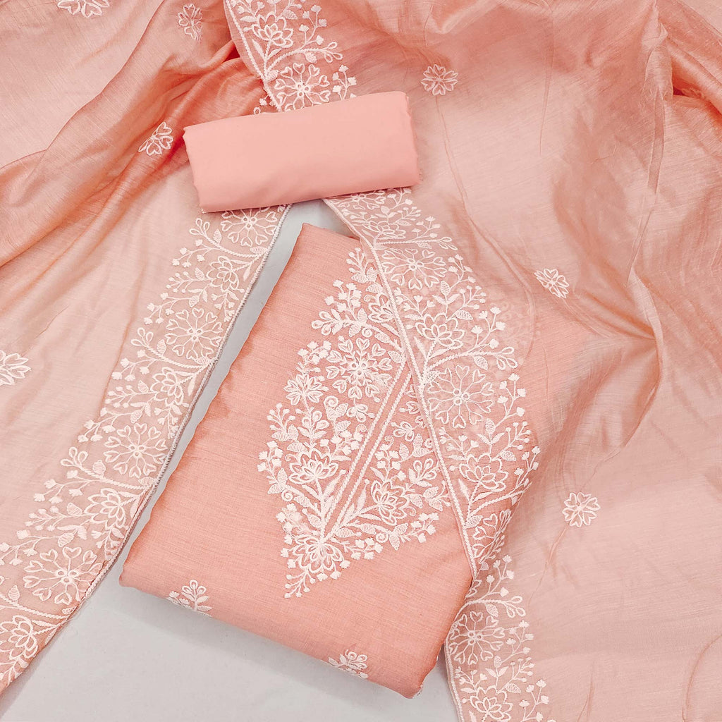 Peach Floral Embroidered Chanderi Silk Dress Material For Graceful Styling