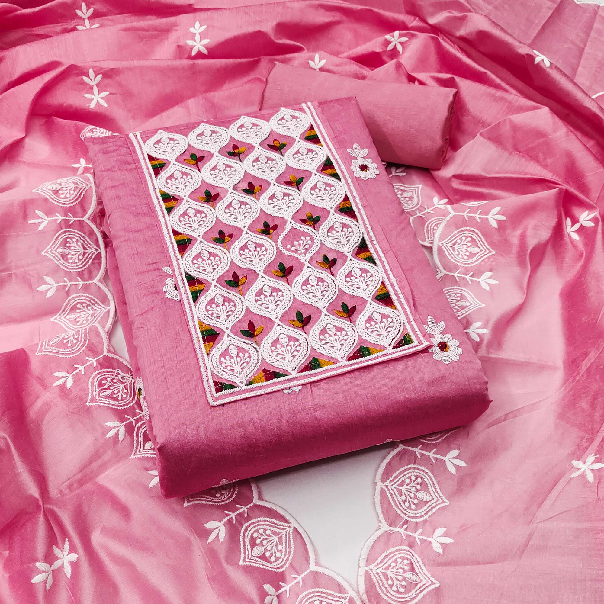 Pink Chanderi Cotton Suit Material with Graceful Embroidery